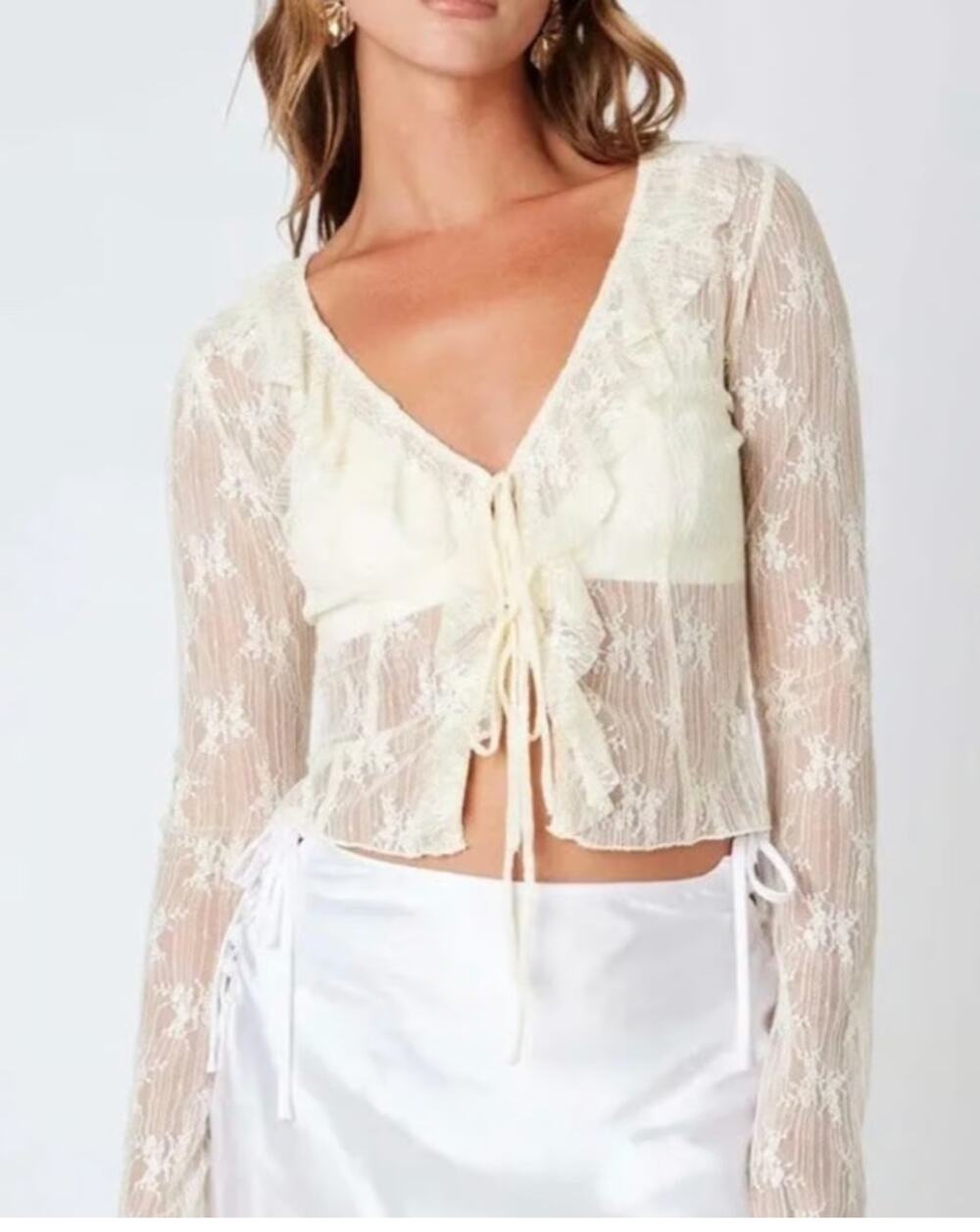Thirty Thirty LA Cream Sheer Lace Ruffle Cardigan Top Tie Front Coquette Small
